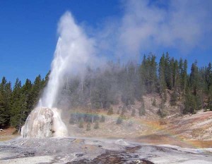 Lone Star Geyser forms a rainbow during an eruption on September 10, 2006.