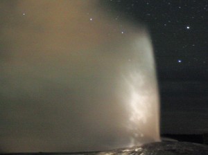 Old Faithful at night, photographed at 8:45 p.m. on October 18, 2008.