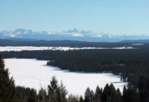 The view of the Tetons from the peak of the Ridge Trail in Harriman State Park. Silver Lake is in the foreground. Photographed January 17, 2009.