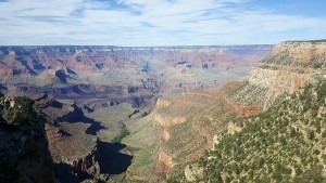 The view from the Bright Angel Trailhead. The trail to Plateau Point is visible near the center of the photo.